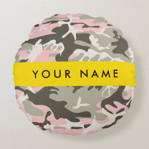 Roze en groene camouflage personaliseer je naam rond kussen