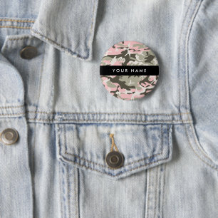 Roze en groene camouflage personaliseer je naam ronde button 5,7 cm