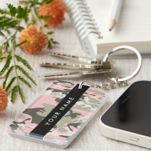 Roze en groene camouflage Personaliseer je naam Sleutelhanger