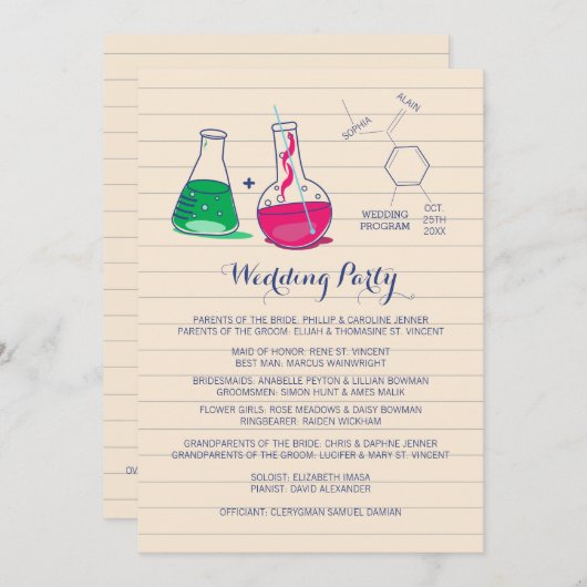 Roze en groene chemie huwelijksprogramma's programmakaart (Voorkant / Achterkant)
