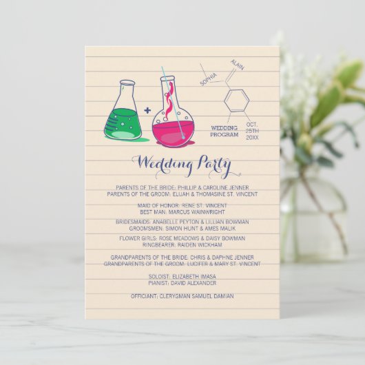 Roze en groene chemie huwelijksprogramma's programmakaart (Staand voorkant)
