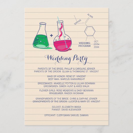 Roze en groene chemie huwelijksprogramma's programmakaart (Voorkant)