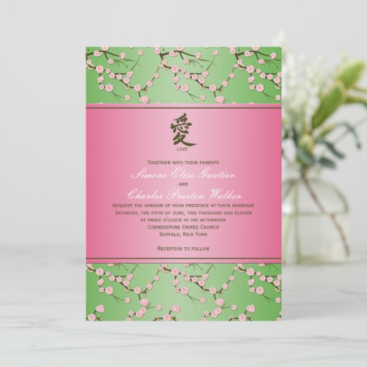 Roze en groene Cherry Blossom Wedding Uitnodiging (Staand voorkant)