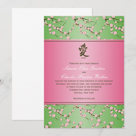 Roze en groene Cherry Blossom Wedding Uitnodiging (Voorkant / Achterkant)