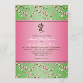 Roze en groene Cherry Blossom Wedding Uitnodiging