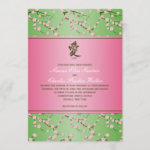 Roze en groene Cherry Blossom Wedding Uitnodiging