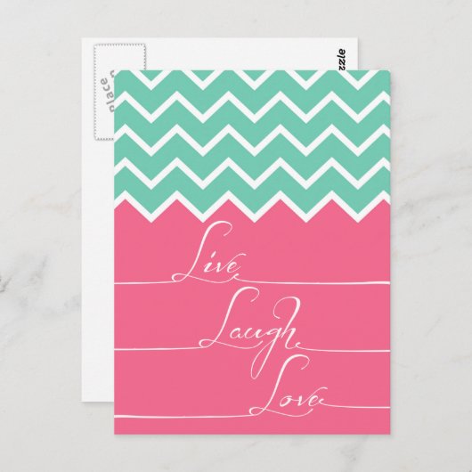 Roze en groene chevron/live, lach, liefde briefkaart (Voorkant / Achterkant)