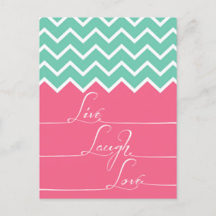 Roze en groene chevron/live, lach, liefde briefkaart