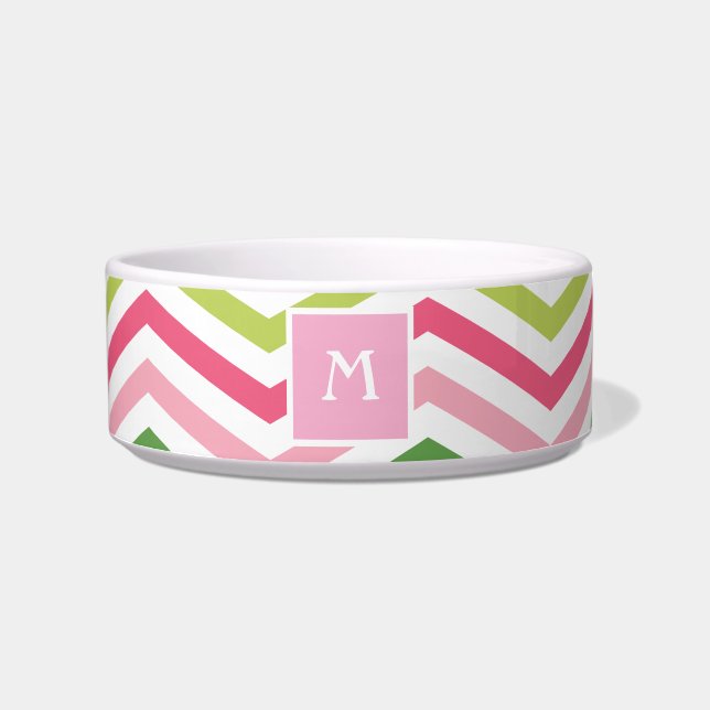 Roze en groene Chevron  | Monogram Cat Dish Voerbakje (Voorkant)