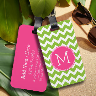 Roze en groene Chevron Pattern met monogram Bagagelabel