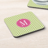 Roze en groene Chevron Pattern met monogram Bier Onderzetter (Linkerzijde)