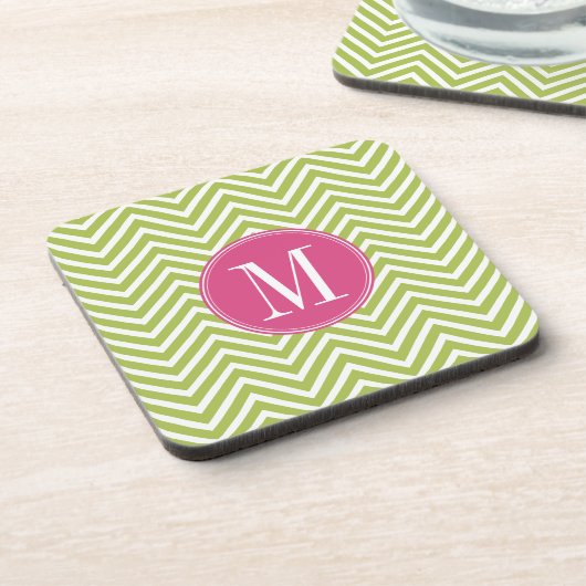 Roze en groene Chevron Pattern met monogram Bier Onderzetter (Linkerzijde)