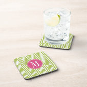 Roze en groene Chevron Pattern met monogram Bier Onderzetter (Rechterzijde)
