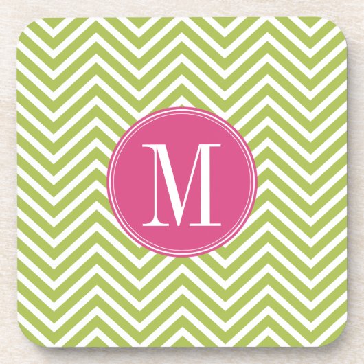 Roze en groene Chevron Pattern met monogram Bier Onderzetter (Voorkant)