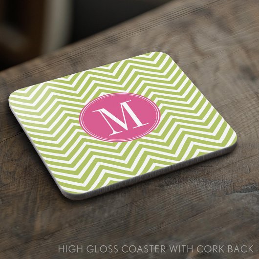 Roze en groene Chevron Pattern met monogram Bier Onderzetter