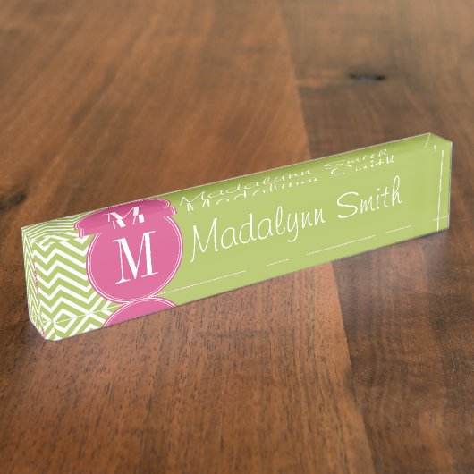 Roze en groene Chevron Pattern met monogram Naambordje (Zijkant)