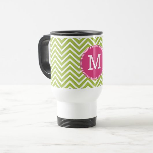 Roze en groene Chevron Pattern met monogram Reisbeker (Voorkant links)