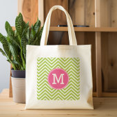 Roze en groene Chevron Pattern met monogram Tote Bag