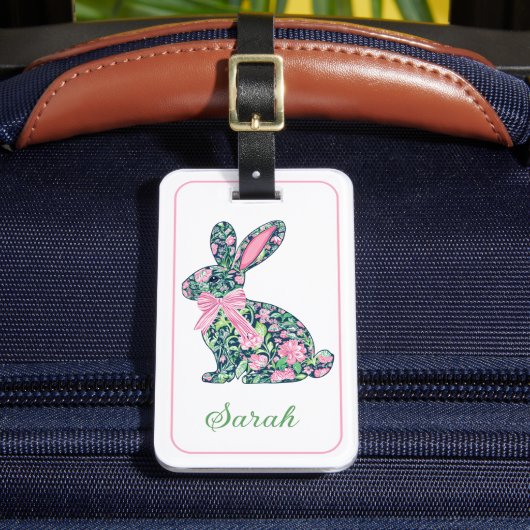 Roze en groene Chinoiserie Bunny met strik Bagagelabel (Voorkant Insitu 2)