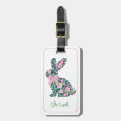 Roze en groene Chinoiserie Bunny met strik Bagagelabel (Voorkant verticaal)