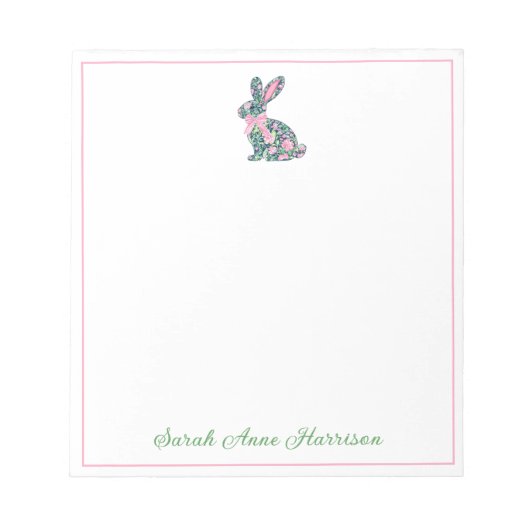 Roze en groene Chinoiserie Bunny met strik Notitieblok (Voorkant)