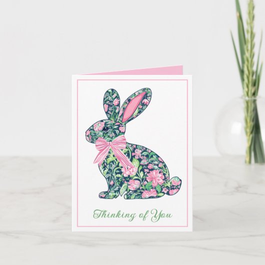 Roze en groene Chinoiserie Bunny met strik Notitiekaartje (Voorkant)