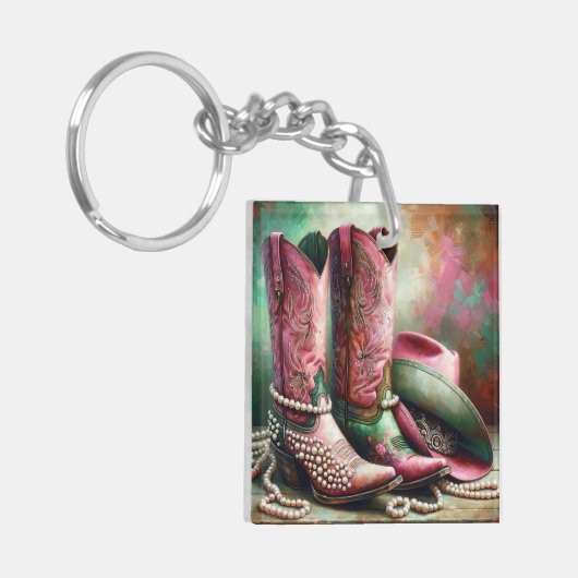 Roze en groene Cowboy Boots Sleutelhanger (Voorkant Links)