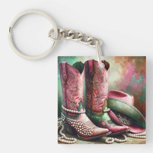 Roze en groene Cowboy Boots Sleutelhanger (Voorkant)