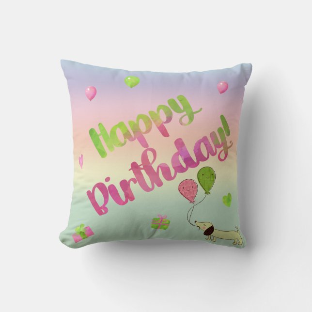 Roze en groene Dachshund Birthday Sierkussen (Voorkant)