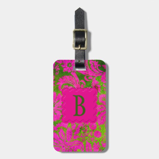 Roze en Groene Damask Bagagelabel (Voorkant verticaal)