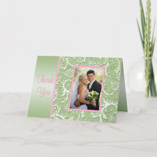 Roze en Groene Damask Dankkaart met Foto Bedankkaart