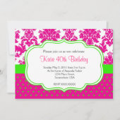 Roze en Groene Damask en Stippen Invitation Kaart (Voorkant)