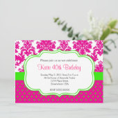 Roze en Groene Damask en Stippen Invitation Kaart (Staand voorkant)