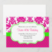 Roze en Groene Damask en Stippen Invitation Kaart (Voorkant / Achterkant)