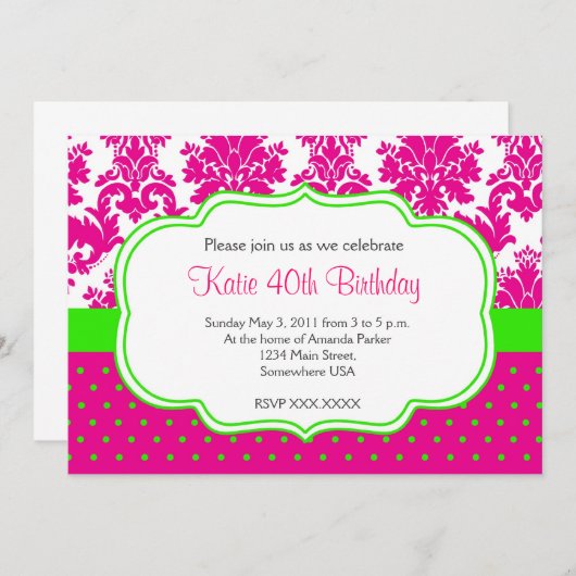 Roze en Groene Damask en Stippen Invitation Kaart (Voorkant / Achterkant)