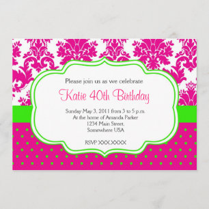 Roze en Groene Damask en Stippen Invitation Kaart