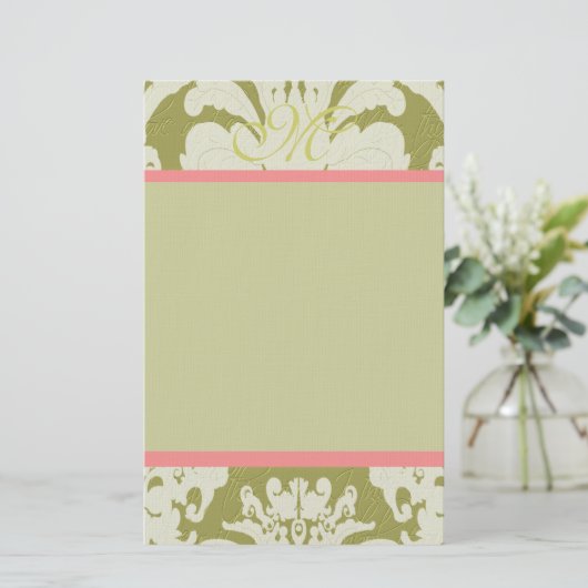 Roze en groene Damask Monogram 100% gerecycled pap Briefpapier (Staand voorkant)