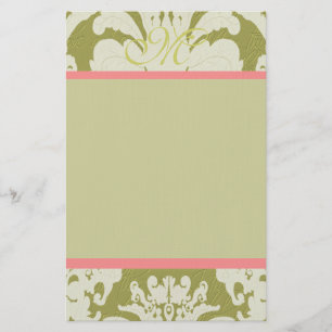 Roze en groene Damask Monogram 100% gerecycled pap Briefpapier