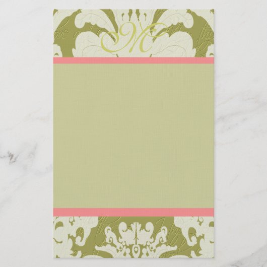 Roze en groene Damask Monogram 100% gerecycled pap Briefpapier (Voorkant)