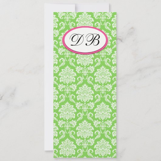 Roze en Groene Damask Monogram Wedding Uitnodiging (Achterkant)