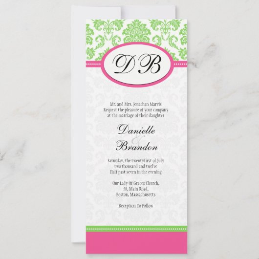 Roze en Groene Damask Monogram Wedding Uitnodiging (Voorkant)