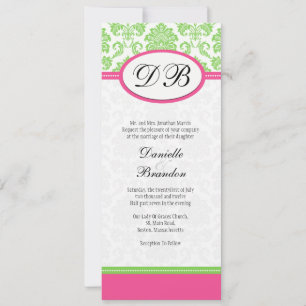Roze en Groene Damask Monogram Wedding Uitnodiging