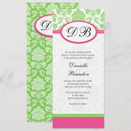 Roze en Groene Damask Monogram Wedding Uitnodiging (Voorkant / Achterkant)