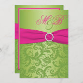 Roze en Groene Damask Monogrammed Uitnodiging (Voorkant / Achterkant)
