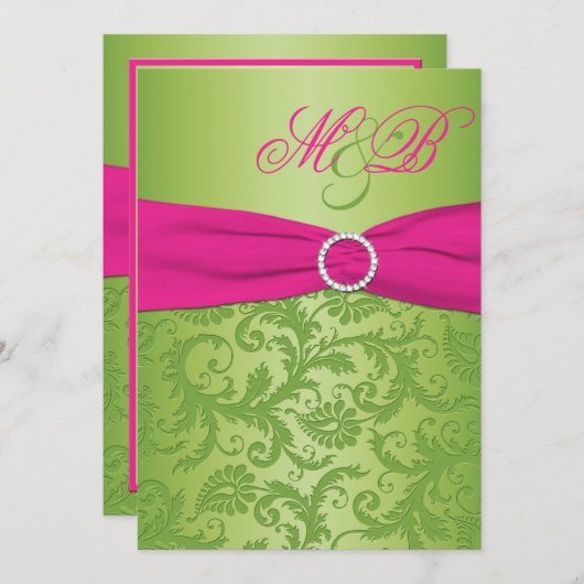 Roze en Groene Damask Monogrammed Uitnodiging (Voorkant / Achterkant)