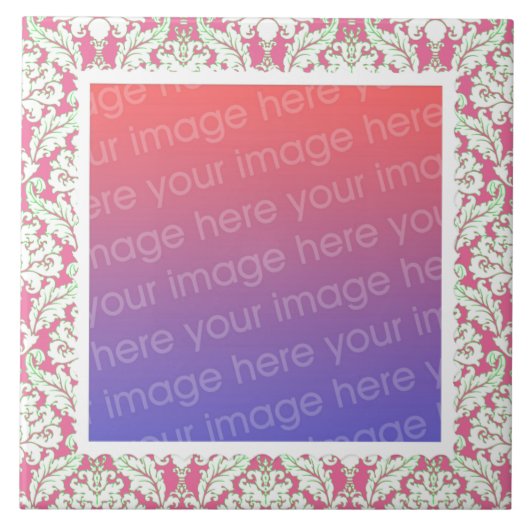 Roze en groene Damask Pattern Lijst Uw Foto Tegeltje (Voorkant)