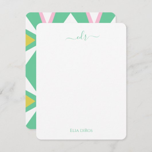 Roze en groene diamant Monogram Note Kaart Notitiekaartje (Voorkant / Achterkant)