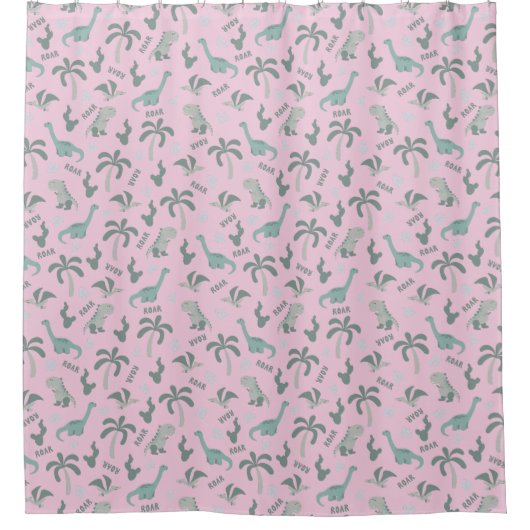 Roze en Groene Dinosaurus Douchegordijn (Voorkant)