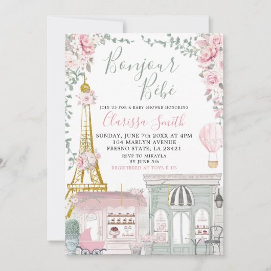 Roze en groene Eiffel baby shower Kaart (Voorkant)