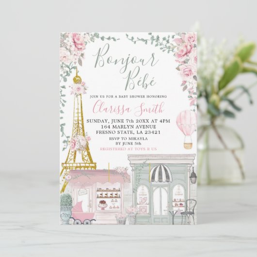 Roze en groene Eiffel baby shower Kaart (Staand voorkant)
